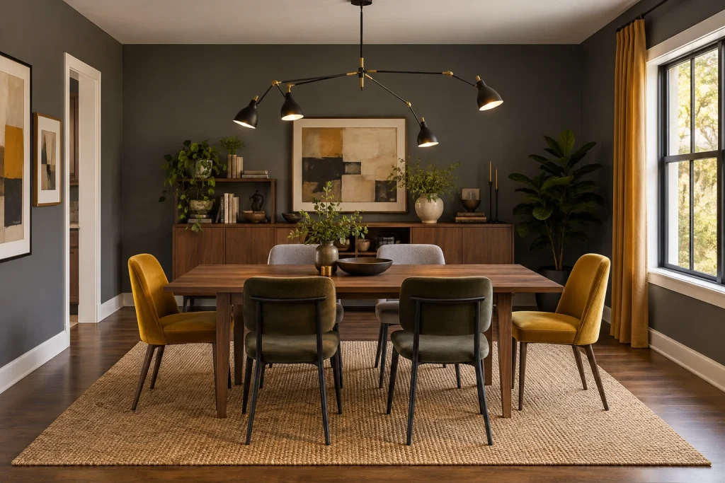 Multi-arm adjustable fixture used to spotlight zones over an expandable table and side storage, Eclectic modern Flexible family dining room interior