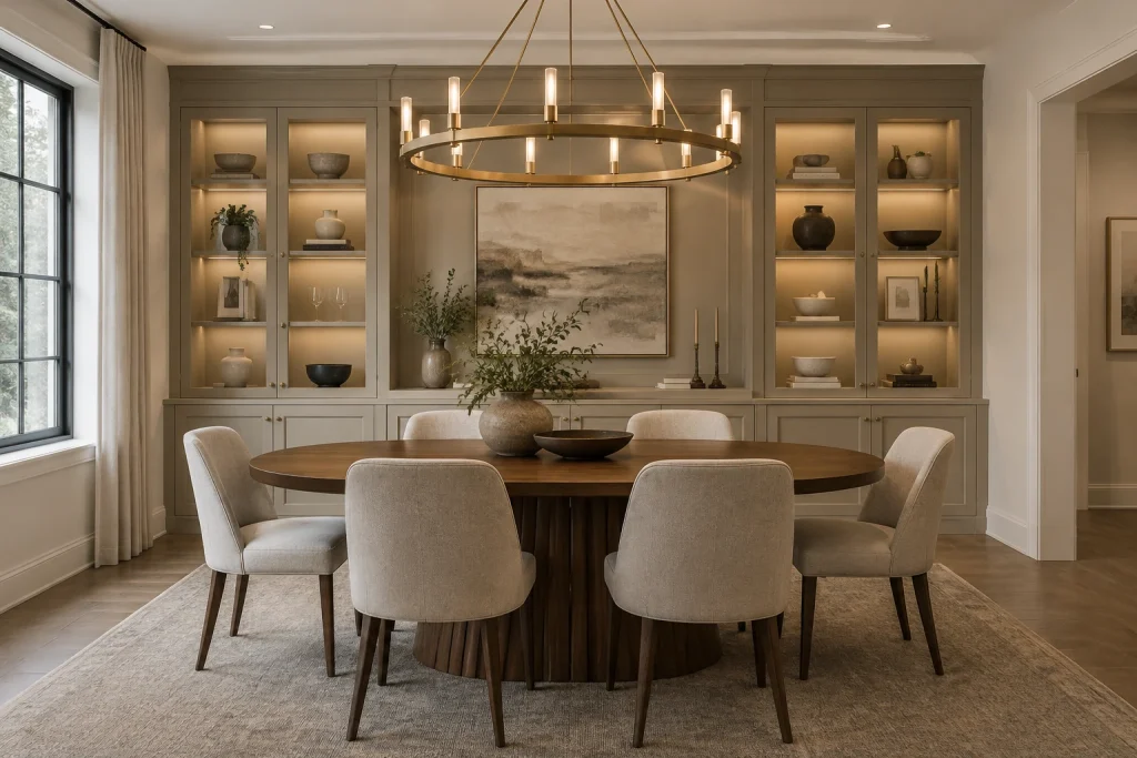 Statement ring chandelier integrated with built-in cabinetry and display lighting, Contemporary transitional Dining room with built-in display cabinets interior