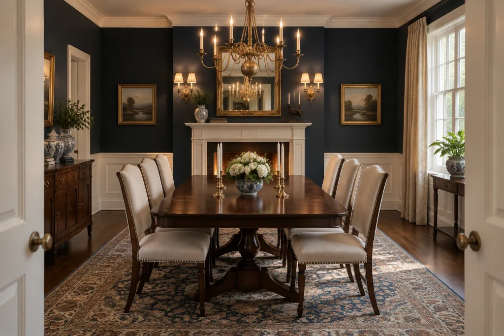 Low-profile candle-style chandelier for a classic dining room with layered lighting, Classic traditional Formal closed dining room interior