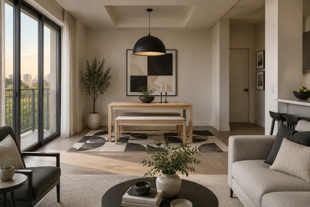 Minimal recessed ceiling with a single dramatic pendant and statement rug in an open-plan small condo, Minimal modern Small condo dining area adjacent to living room interior