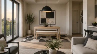 Minimal recessed ceiling with a single dramatic pendant and statement rug in an open-plan small condo, Minimal modern Small condo dining area adjacent to living room interior