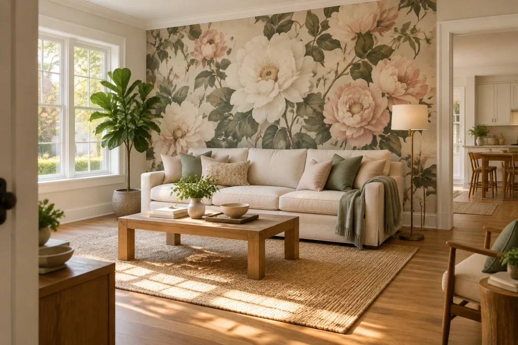 Oversized Floral Mural Behind a Neutral Sofa, Modern Organic Living room with front-facing large window interior