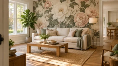Oversized Floral Mural Behind a Neutral Sofa, Modern Organic Living room with front-facing large window interior