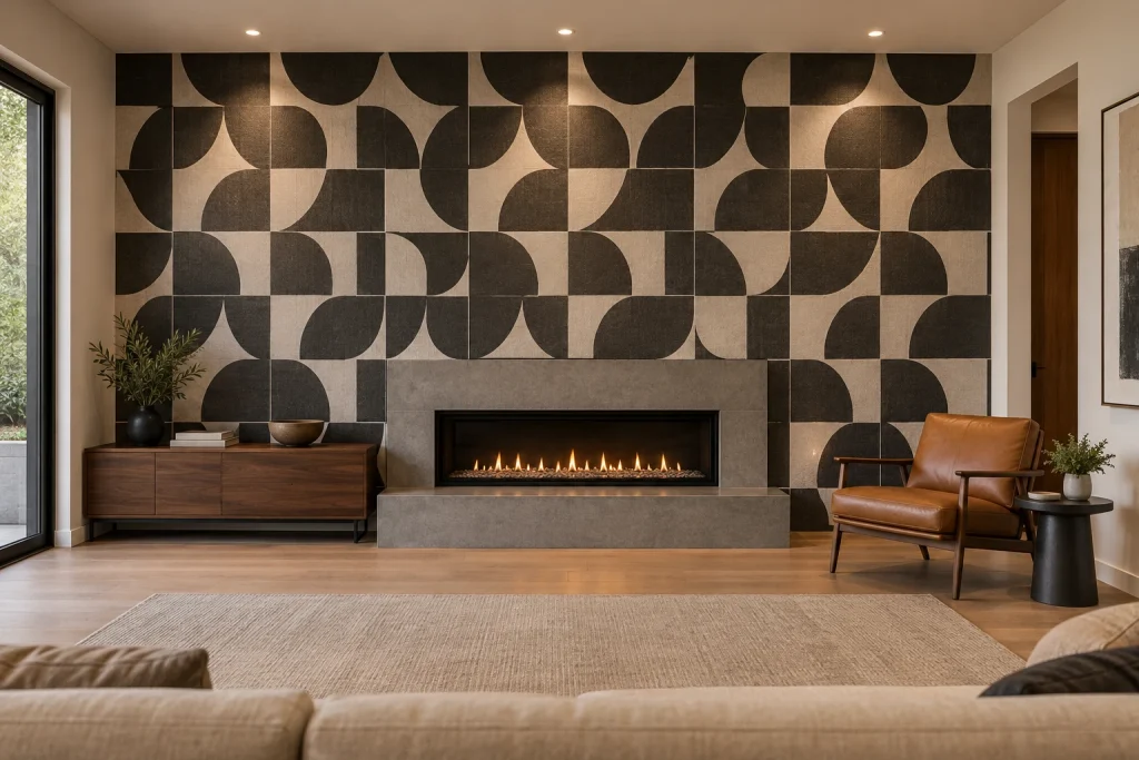 High-contrast Geometric Accent behind a Low Profile Fireplace, Contemporary Minimal Formal living area with a low linear fireplace interior