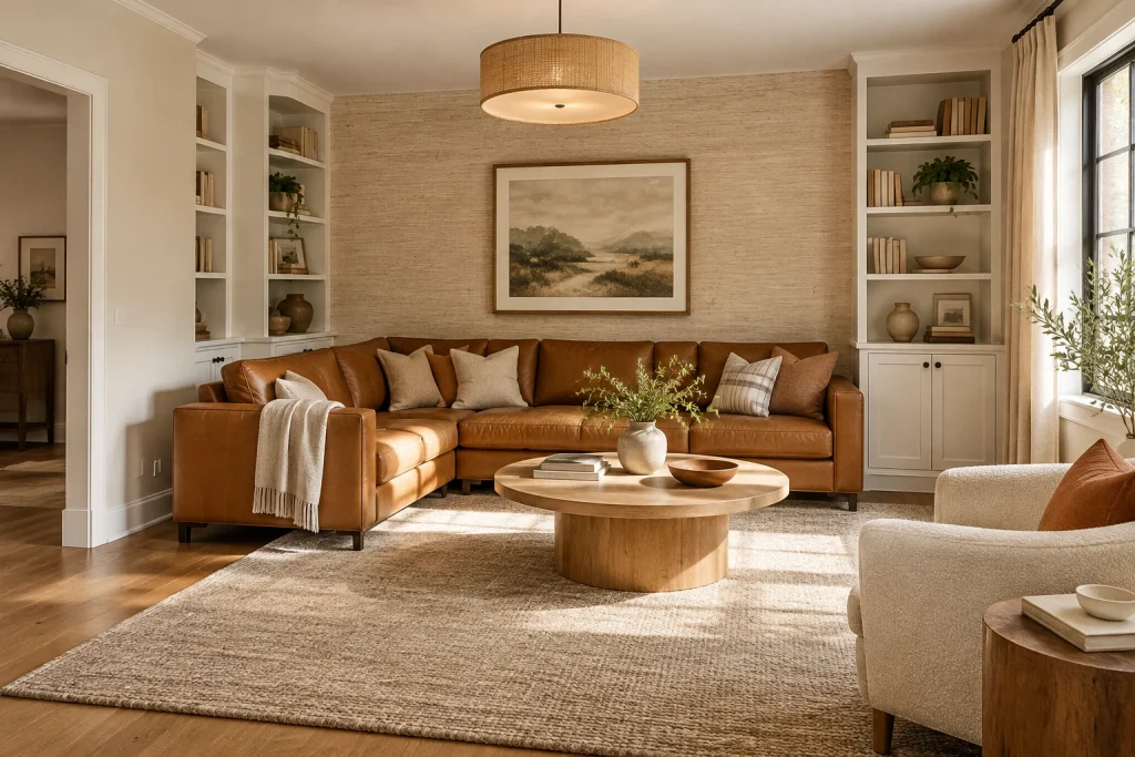 Textured Grasscloth Wall with Built-in Shelving, Warm Scandinavian-leaning Cozy family living room with built-ins interior