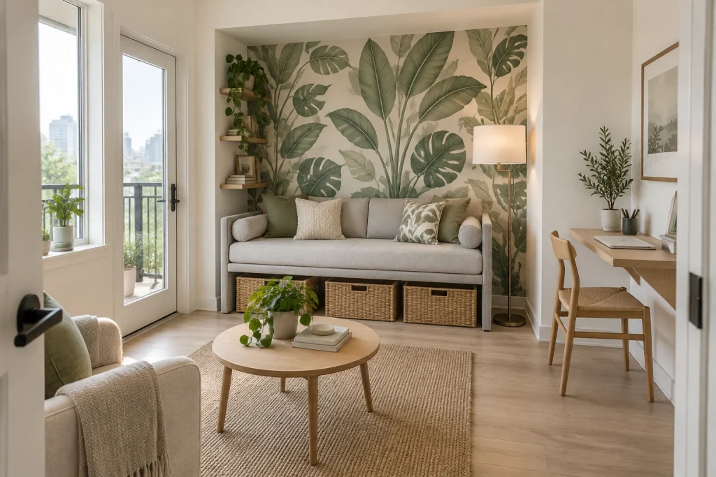 Renter-Friendly Removable Botanical in an Alcove Daybed, Casual Scandinavian Renter Small urban living room with a recessed alcove interior