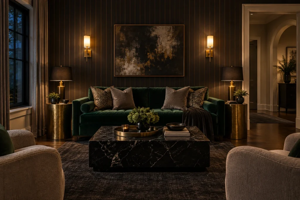 Moody Charcoal Pinstripe for a Formal Evening Lounge, Glam Transitional Evening-focused sitting room interior
