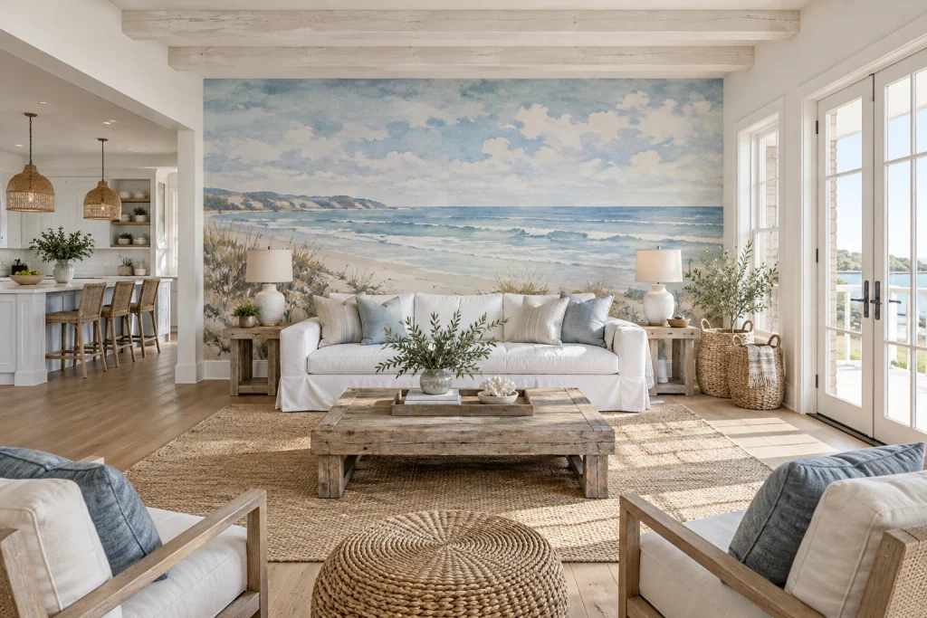 Coastal Watercolor Mural in a Beach House Living Room, Coastal Modern Open-plan beach house living room with exposed beams interior