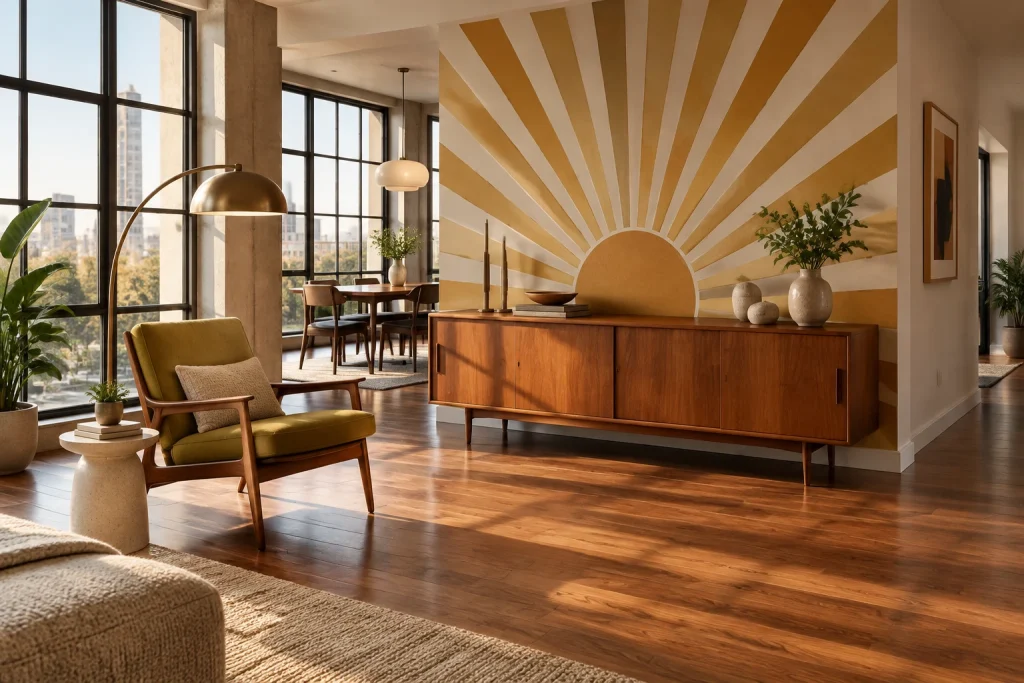 Midcentury Sunburst Wallpaper with Low Credenza, Midcentury Modern Urban loft living area with high ceilings interior