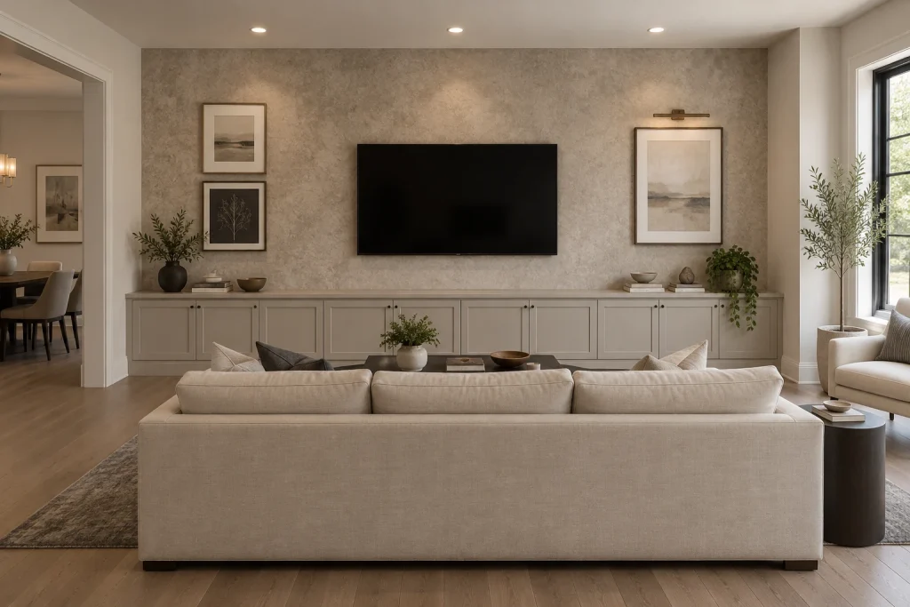 Plaster-Effect Wallpaper around a TV and Built-in Storage, Modern Classic Family living room with integrated media wall interior