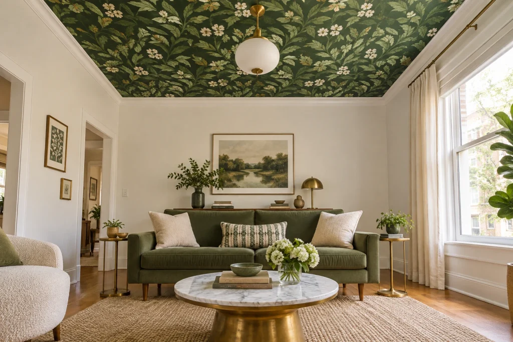 Botanical Wallpaper on the Ceiling for a Small Urban Living Room, Eclectic Modern Compact city living room with tall windows interior