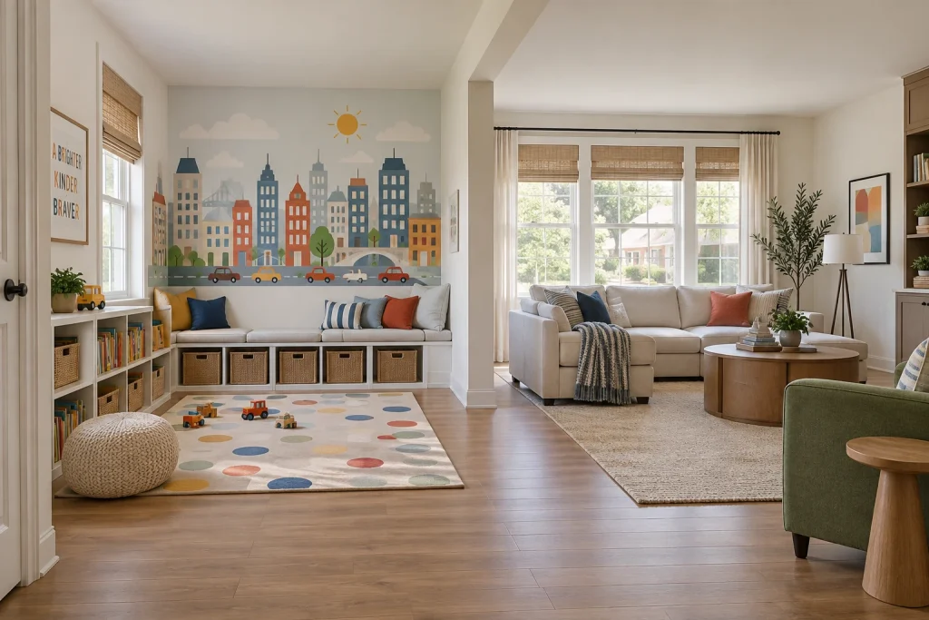 Playful Illustrated Cityscape for a Family Nook, Family-friendly Contemporary Family living room with a dedicated play and reading corner interior