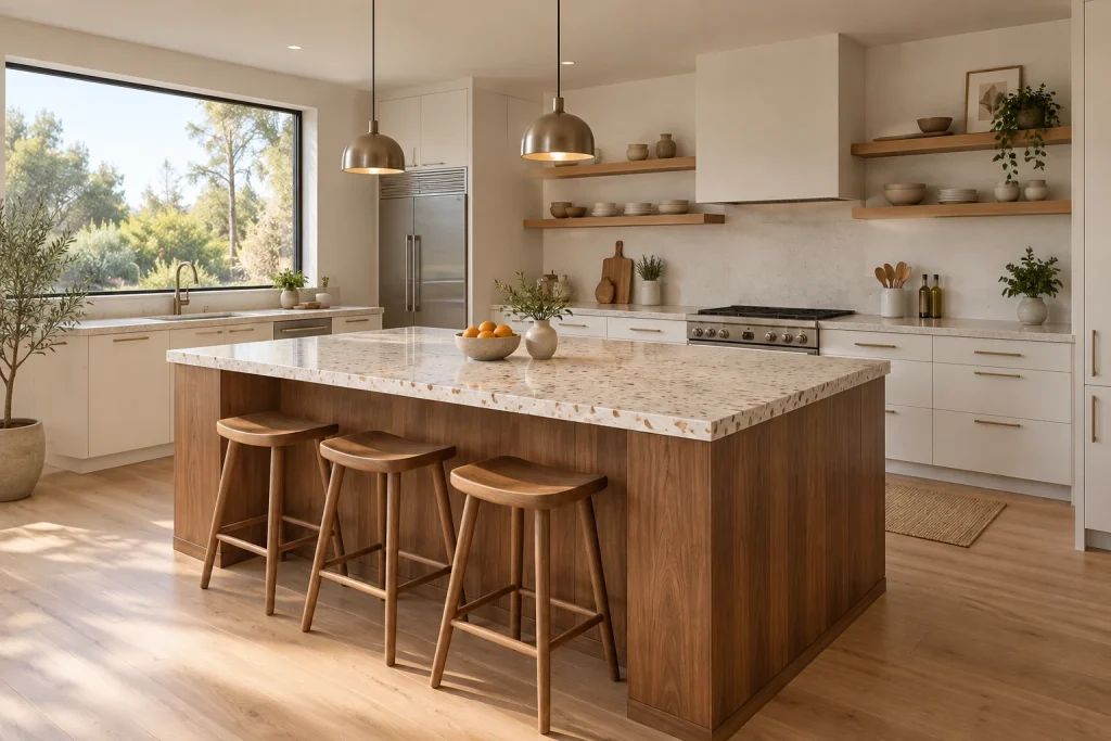 Terrazzo slab island countertop in a modern organic kitchen, Modern organic, warm natural wood Open-plan kitchen interior