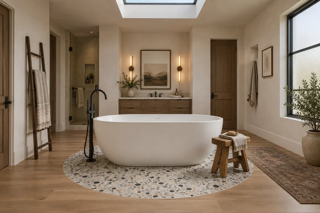 Terrazzo 'area-rug' floor medallion under a freestanding tub, Modern vintage, layered cozy Primary bathroom interior