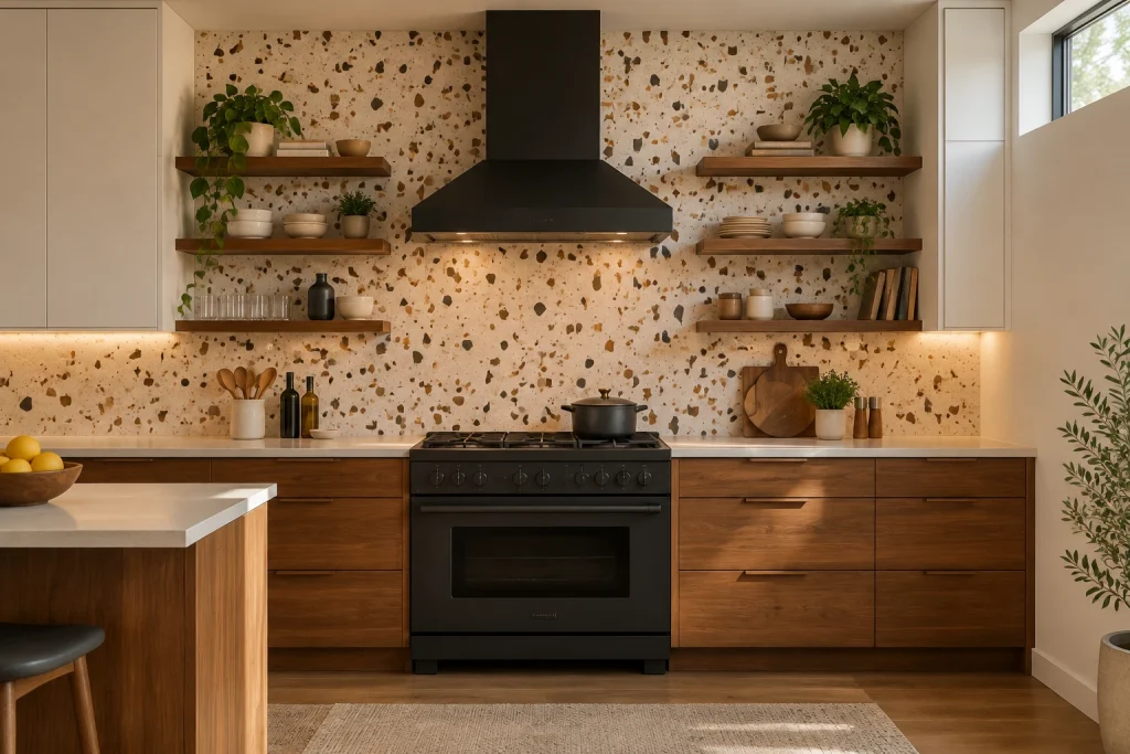 Full-height terrazzo backsplash behind a mid-century range, Mid-century modern Kitchen with cooking wall interior