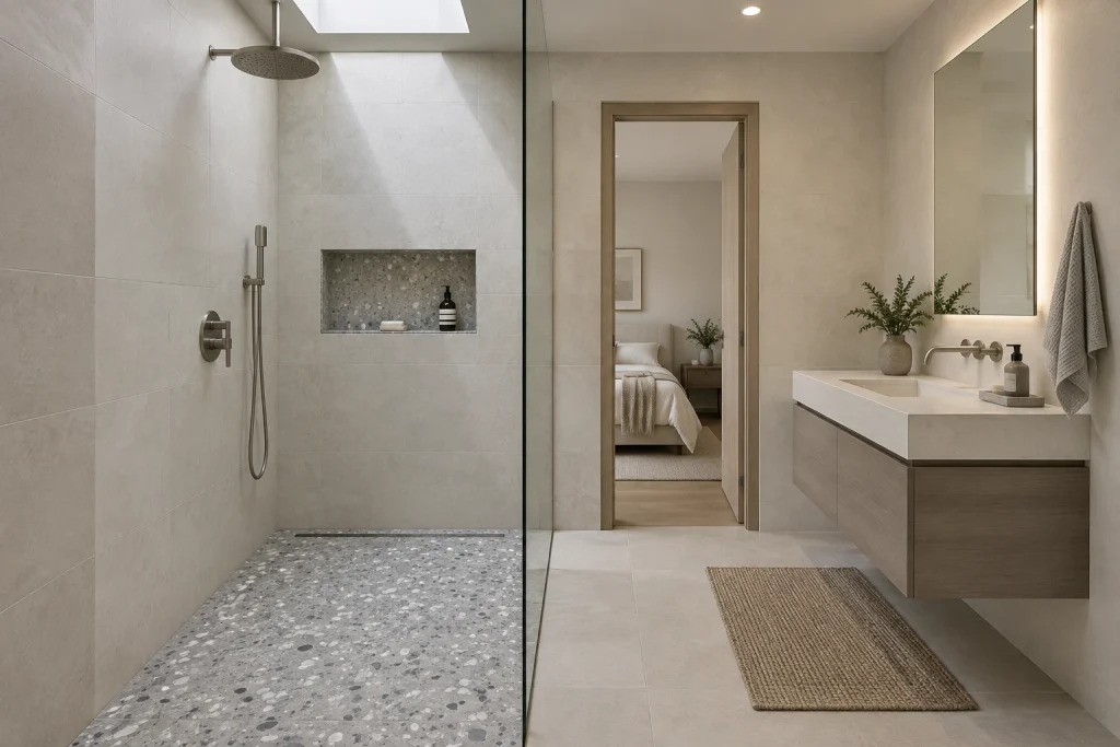 Terrazzo shower pan and matching recessed niche for a minimalist bathroom, Minimal modern En-suite bathroom, walk-in shower interior