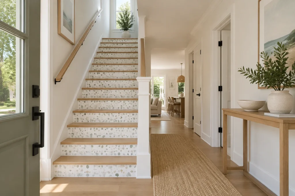 Terrazzo risers on a wood staircase for a bright entry, Contemporary coastal Entry and stairwell interior
