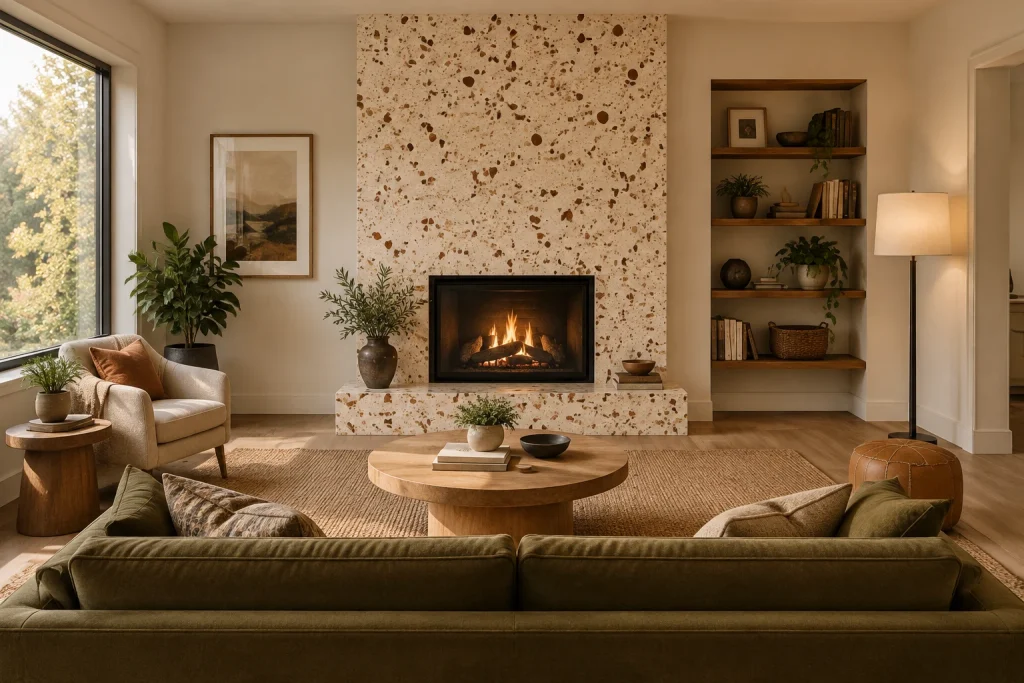 Terrazzo fireplace surround anchoring a cozy living room, Eclectic warm Living room interior