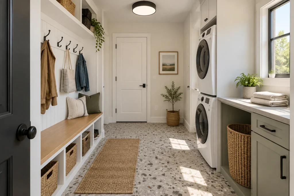 Durable terrazzo tile floor for a busy mudroom/laundry, Practical modern farmhouse Mudroom / laundry combo interior