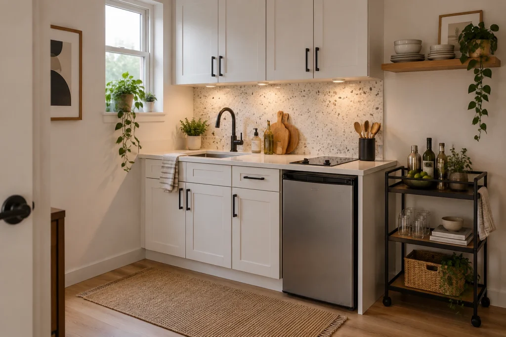 Renter-friendly removable terrazzo-look backsplash in a compact kitchenette, Casual urban, budget-aware Studio apartment kitchenette interior