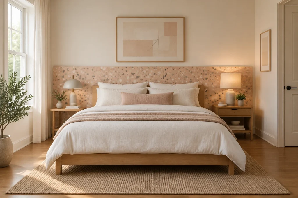 Terrazzo accent panel as a bedroom headboard feature, Scandinavian warm Primary bedroom interior