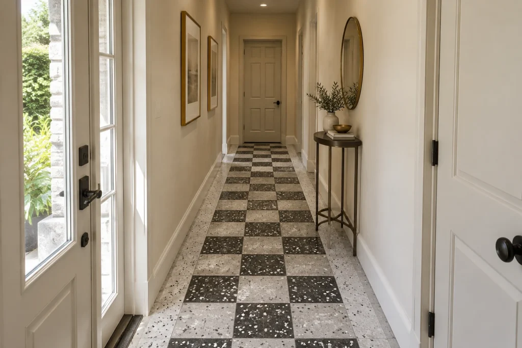 Bold terrazzo floor pattern in a compact entry/hall with contrasting border, Contemporary graphic Entryway / hall interior