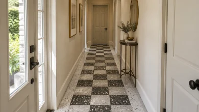 Bold terrazzo floor pattern in a compact entry/hall with contrasting border, Contemporary graphic Entryway / hall interior