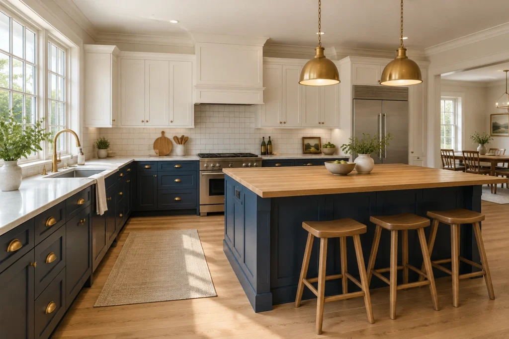 Classic Shaker: Navy Base, White Uppers, Modern Classic / Shaker Open-plan L-shaped kitchen with island interior