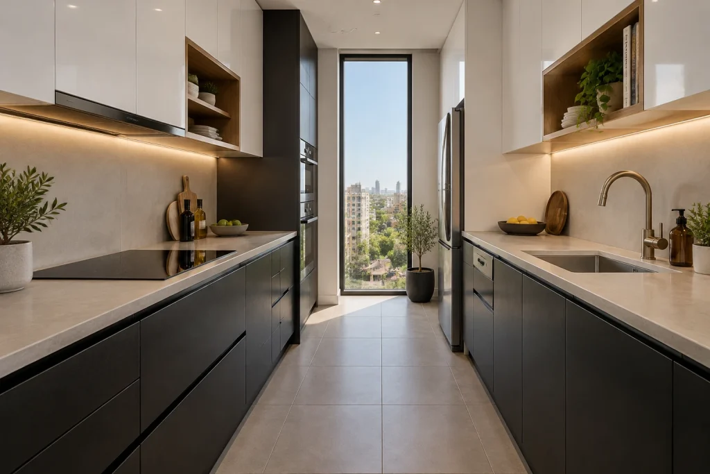 High-Contrast Minimal: Black Lower, Bright White Upper, Minimal Modern Galley kitchen in an urban condo interior