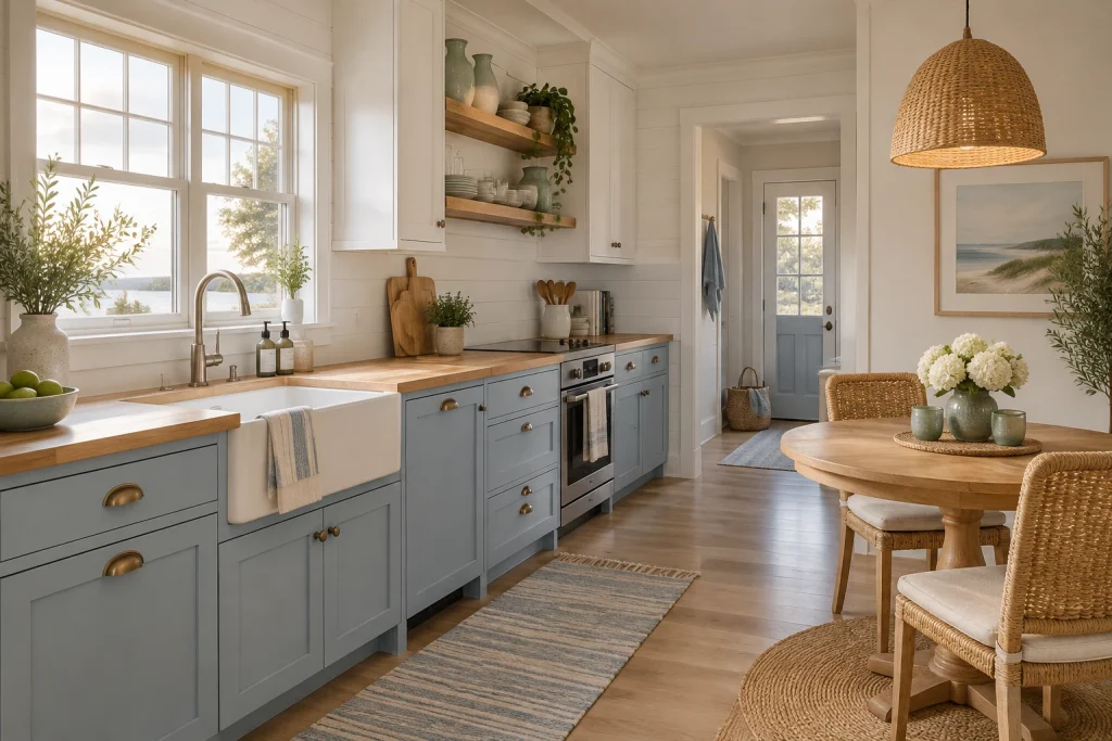 Coastal Farmhouse: Sky Blue Lower, White Shiplap Uppers, Coastal Farmhouse Single-wall kitchen with adjacent breakfast nook interior
