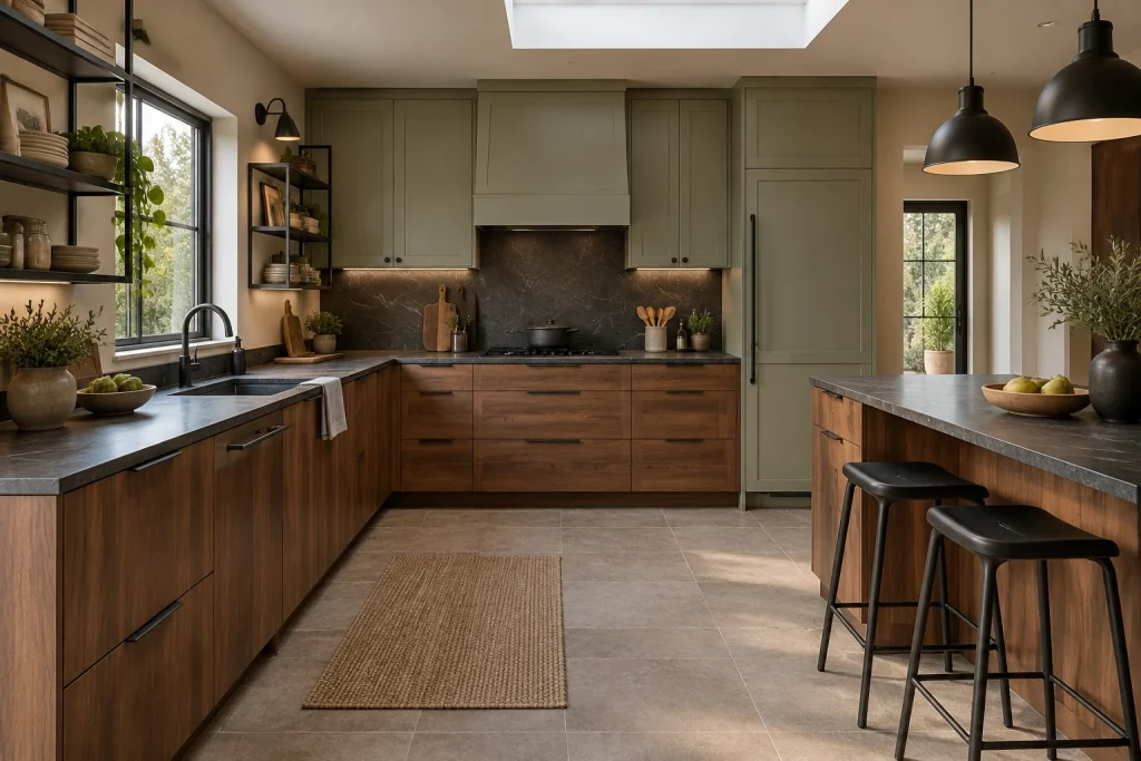 Warm Walnut Lower with Sage Uppers, Industrial-Organic Hybrid U-shaped kitchen with a breakfast counter interior