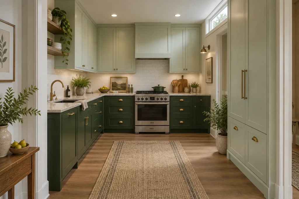 Tonal Botanical Greens: Dark Base, Light Mint Upper, Contemporary Eclectic Compact L-shaped kitchen with built-in pantry interior