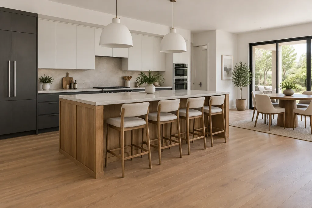 Island as Accent: Charcoal Perimeter, Warm Oak Island, Scandinavian Open-plan Open kitchen-dining with large island and seating interior