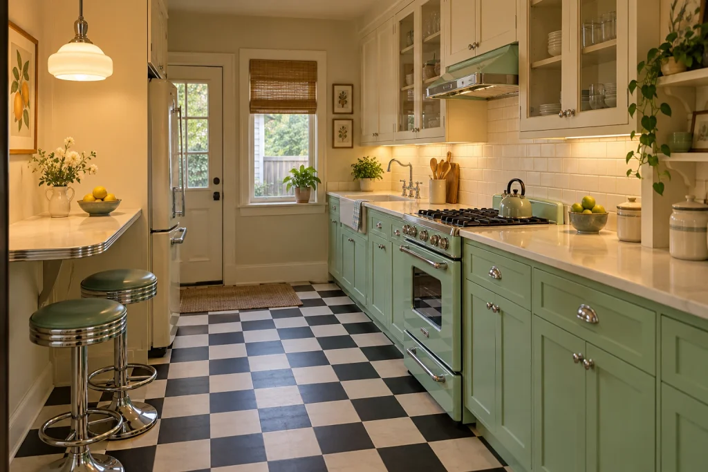Retro Revival: Mint Lower, Cream Upper with Checkerboard Floor, Mid-century Retro Compact galley kitchen with a small eat-in ledge interior