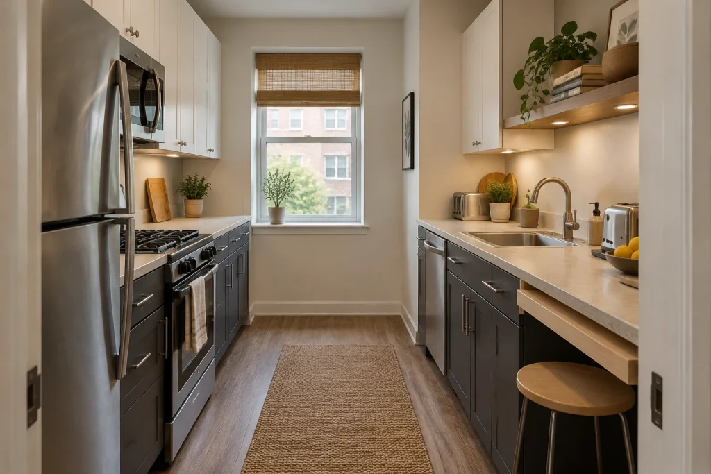 Renter-Friendly Two-Tone: Peel-and-Stick Solutions for a Galley, Affordable Contemporary / Renter-friendly Small galley kitchen in an apartment interior