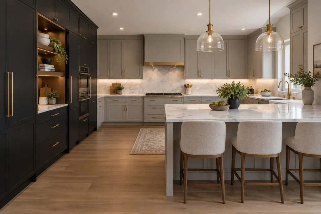 Luxe Pantry Contrast: Full-Height Black Pantry, Soft Gray Cabinets, Contemporary Luxury Large U-shaped kitchen with a dedicated pantry wall interior