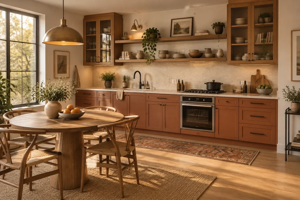 Warm Terracotta Base with Open Oak Shelving Upper, Eclectic Warm Modern Open single-wall kitchen with adjacent dining area interior