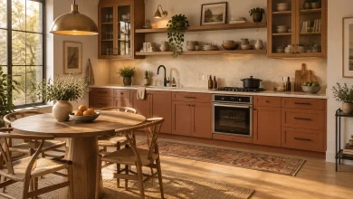 Warm Terracotta Base with Open Oak Shelving Upper, Eclectic Warm Modern Open single-wall kitchen with adjacent dining area interior