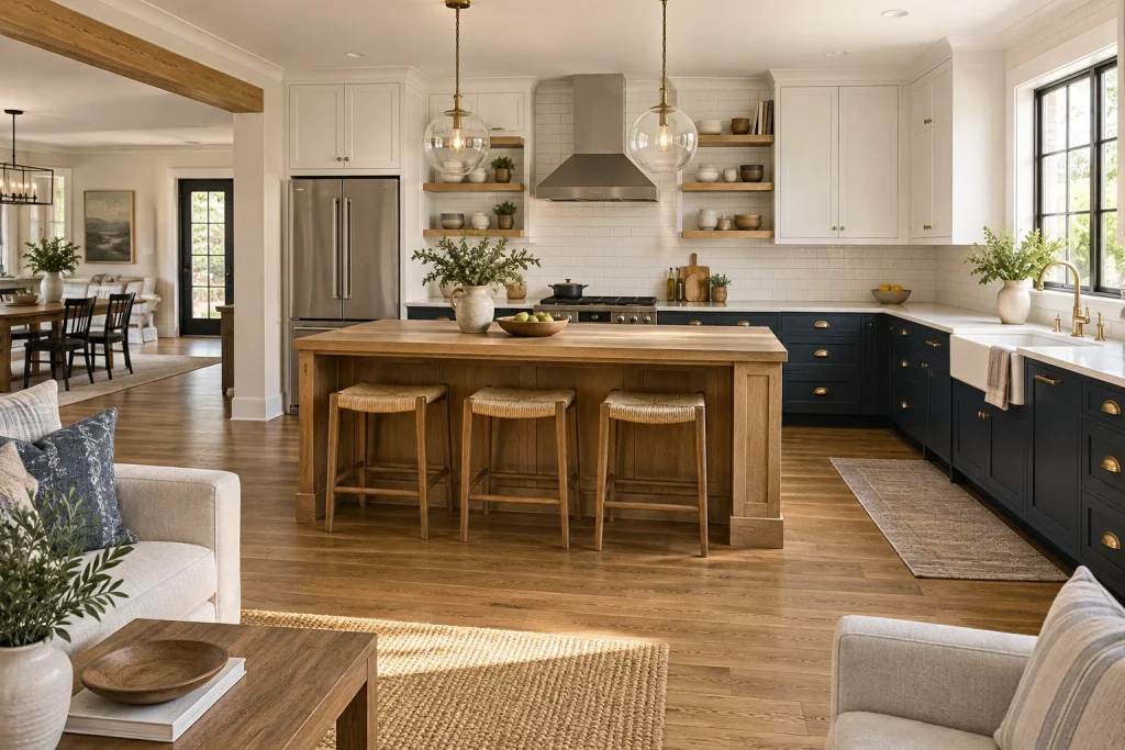 Classic navy lowers + white uppers with warm oak island, Modern farmhouse Open-plan kitchen with island and sightline to living area interior