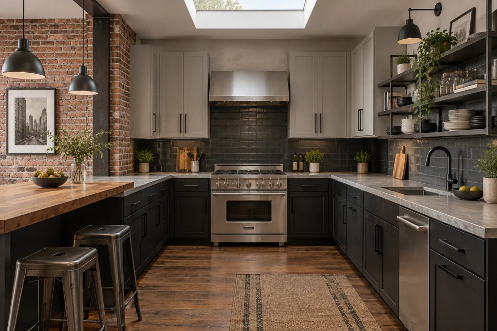 Matte black lowers + soft gray uppers in a U-shaped loft kitchen, Industrial modern U-shaped kitchen in an urban loft interior