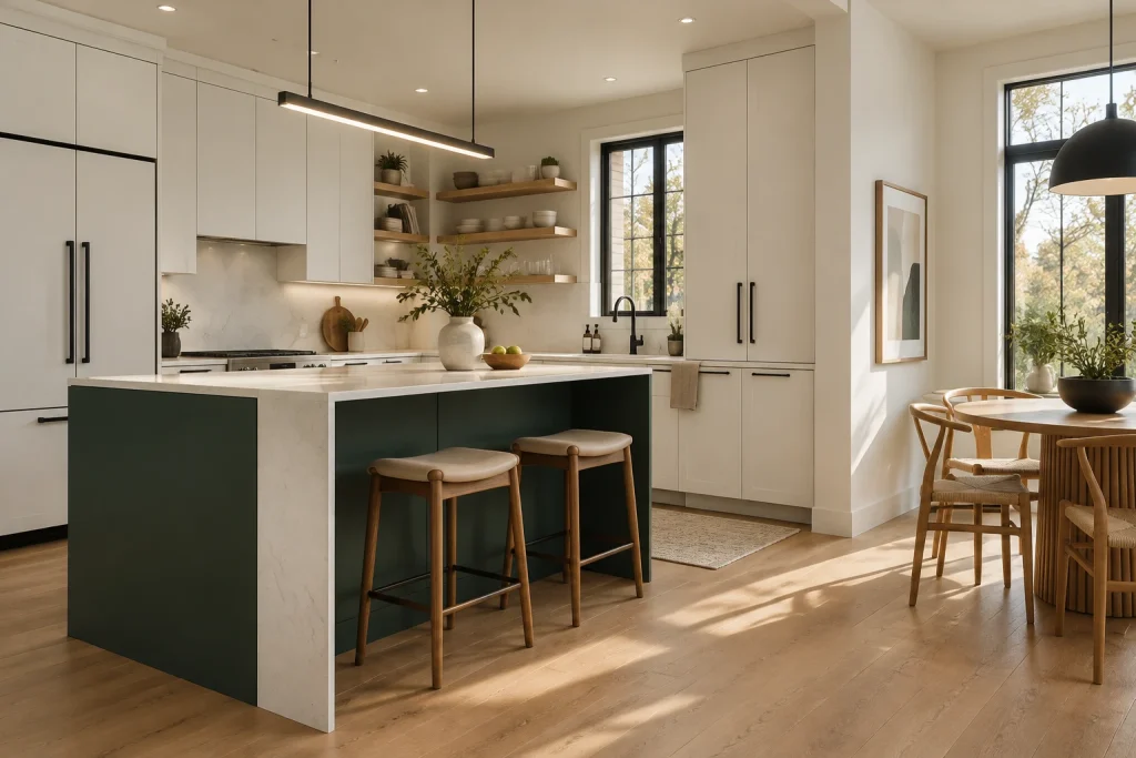 Statement island in deep forest green with white perimeter, Scandinavian modern Compact open kitchen with dining adjacency interior