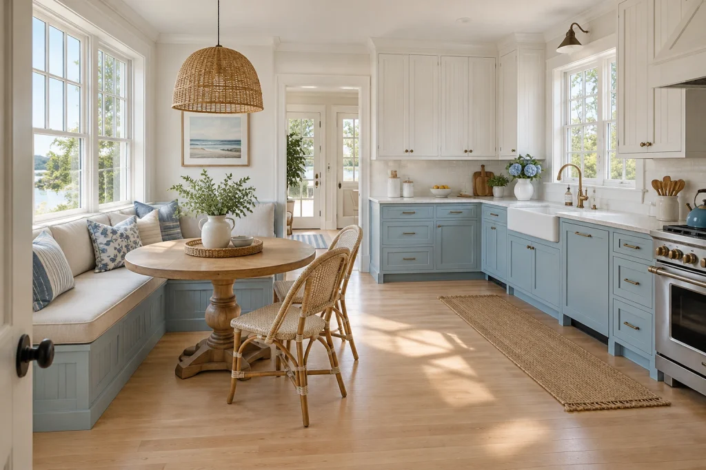 Cottage beadboard uppers + sky blue lowers with banquette, Coastal cottage Eat-in kitchen with built-in banquette interior