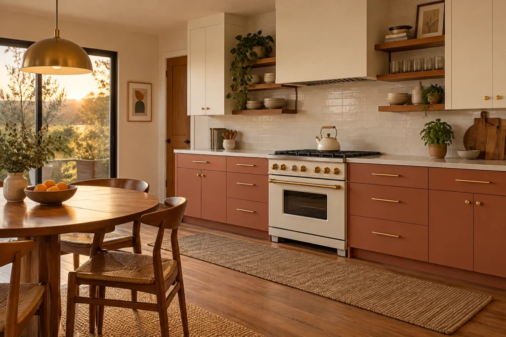 Terracotta lower cabinets + warm cream uppers with midcentury accents, Midcentury modern Single-wall kitchen with adjacent dining area interior