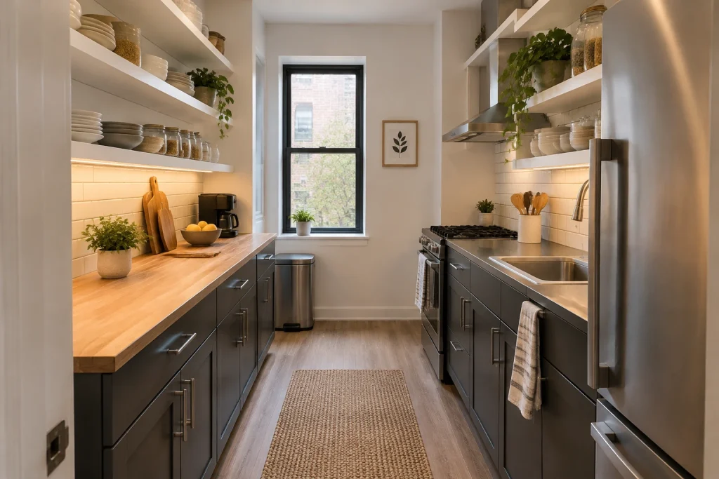 Renter-friendly reversible panels: charcoal lowers + open white uppers, Budget urban rental Narrow galley kitchen in an apartment interior