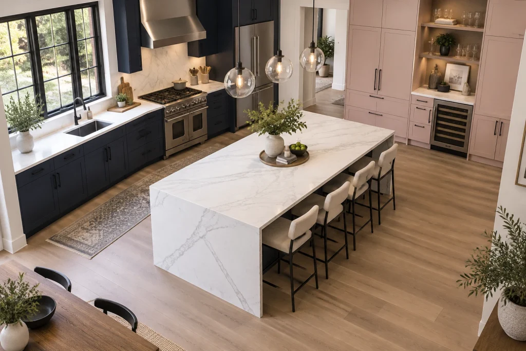 Color-zoned cabinetry: navy prep zone + blush beverage zone, Contemporary entertaining kitchen Open-plan kitchen with a beverage pantry wall interior