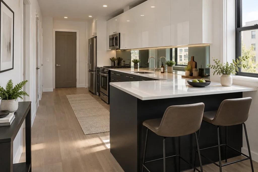 High-contrast black lowers + glossy white uppers with mirrored backsplash, Minimal modern Narrow apartment kitchen with peninsula interior