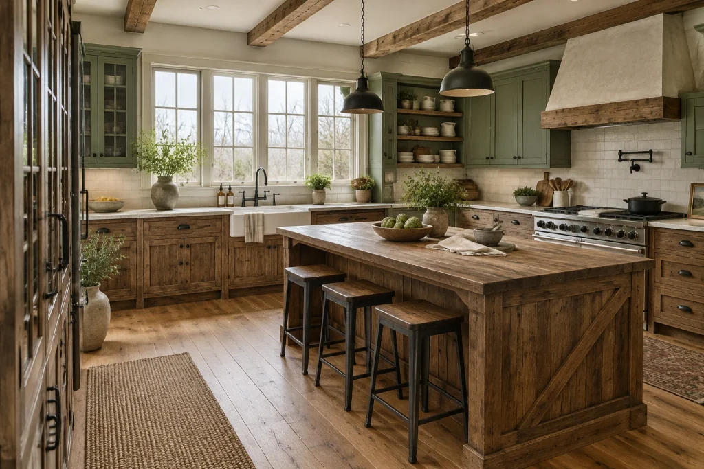 Raw stained wood lowers + sage painted uppers in a rustic farmhouse, Rustic farmhouse Large farmhouse kitchen with prep island and exposed beams interior