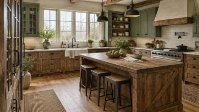 Raw stained wood lowers + sage painted uppers in a rustic farmhouse, Rustic farmhouse Large farmhouse kitchen with prep island and exposed beams interior
