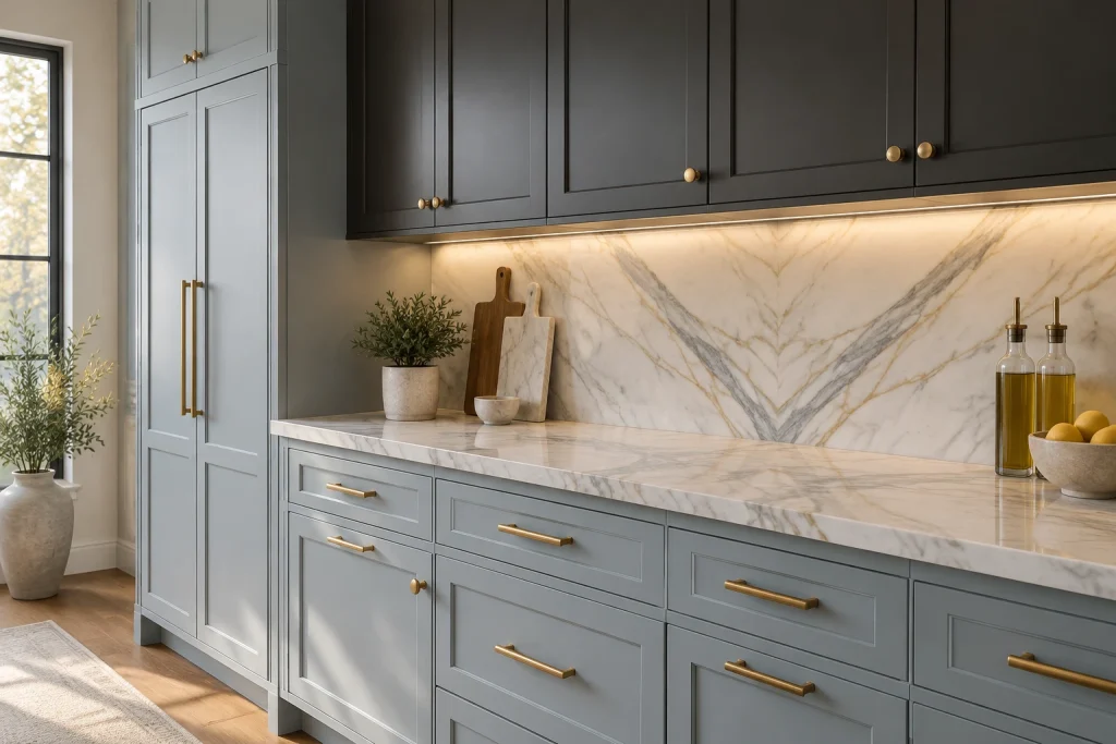 Reverse two-tone with charcoal uppers + pale blue lowers, luxe materials, Transitional high-end Open kitchen with full-height pantry and marble run interior