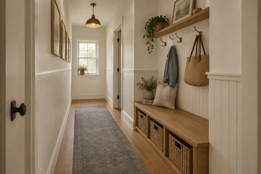 Built-in slim bench with cubby storage for a narrow hallway, Modern farmhouse Narrow hallway (3–4 ft wide) interior